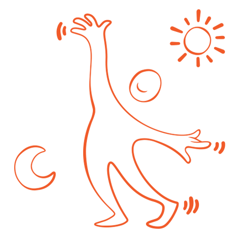 Orange illustration glad figur som sträcker sig mot en illustration av en sol och en måne.