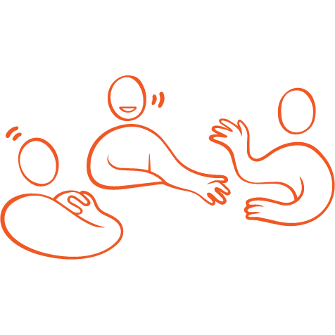 Orange illustration tre figurer som gestikulerar och samtalar.