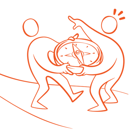 Orange illustration två figurer bär en stor kompass och pekar ut riktningen.