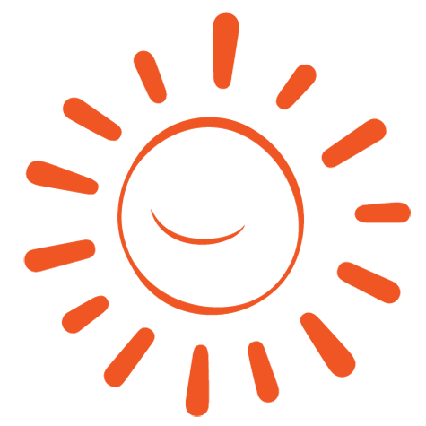 Orange illustration glad sol med många solstrålar.